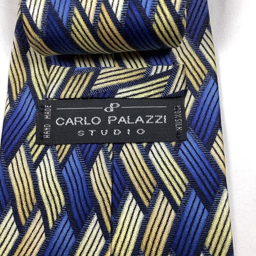 Carlo Palazzi Studio Mens Silk Tie Blue‎ Gold Geometric Pattern Hand Crafted